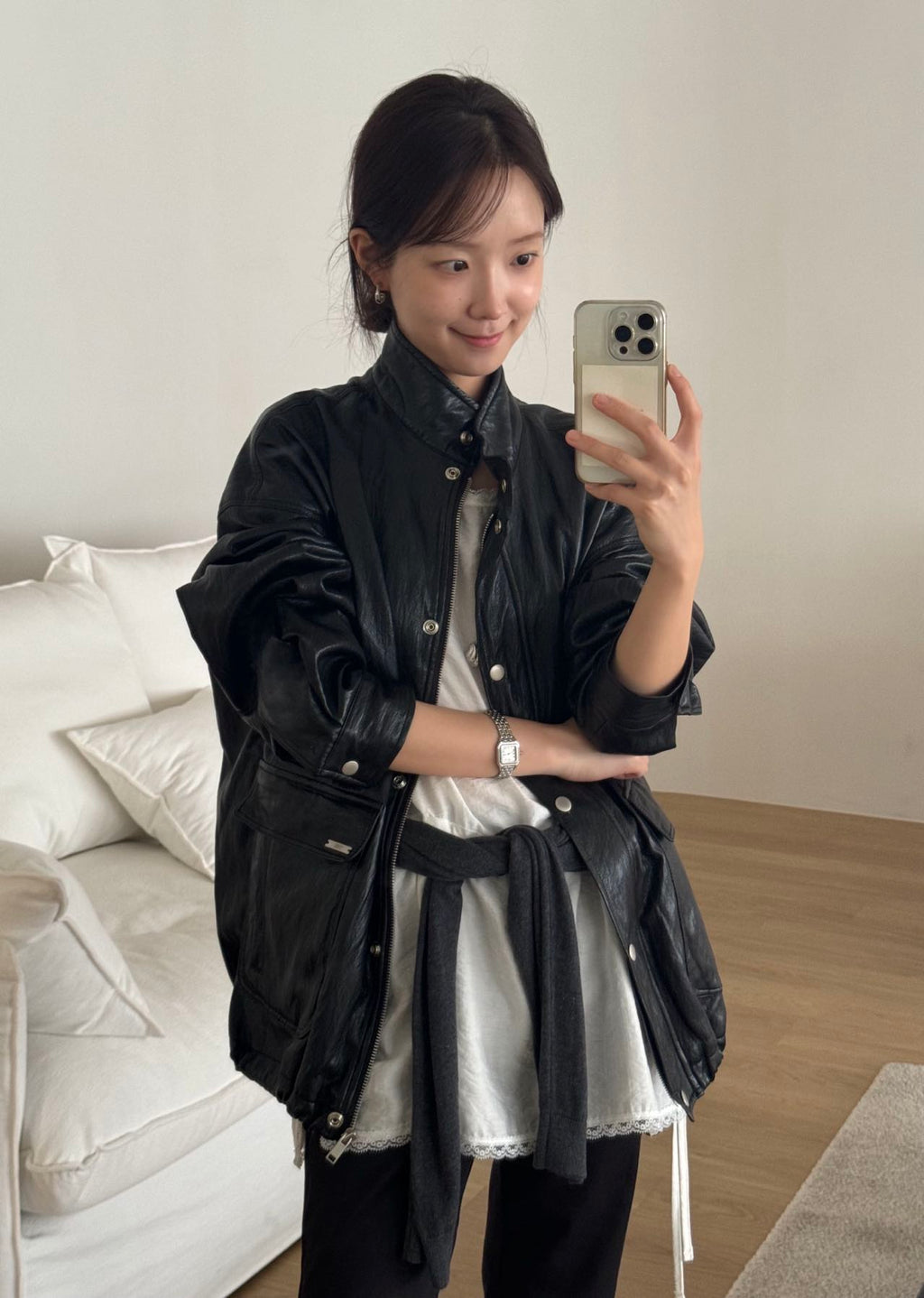 Mid length leather jacket