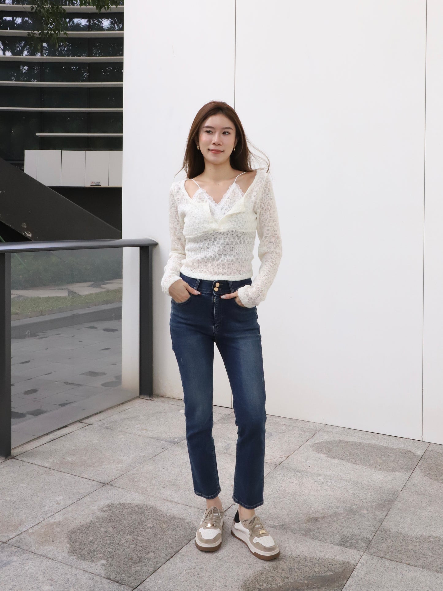 Double Lace Cross Long Sleeves Top