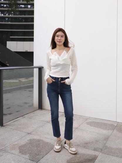 Double Lace Cross Long Sleeves Top