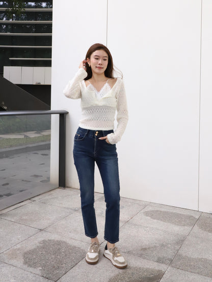 Double Lace Cross Long Sleeves Top