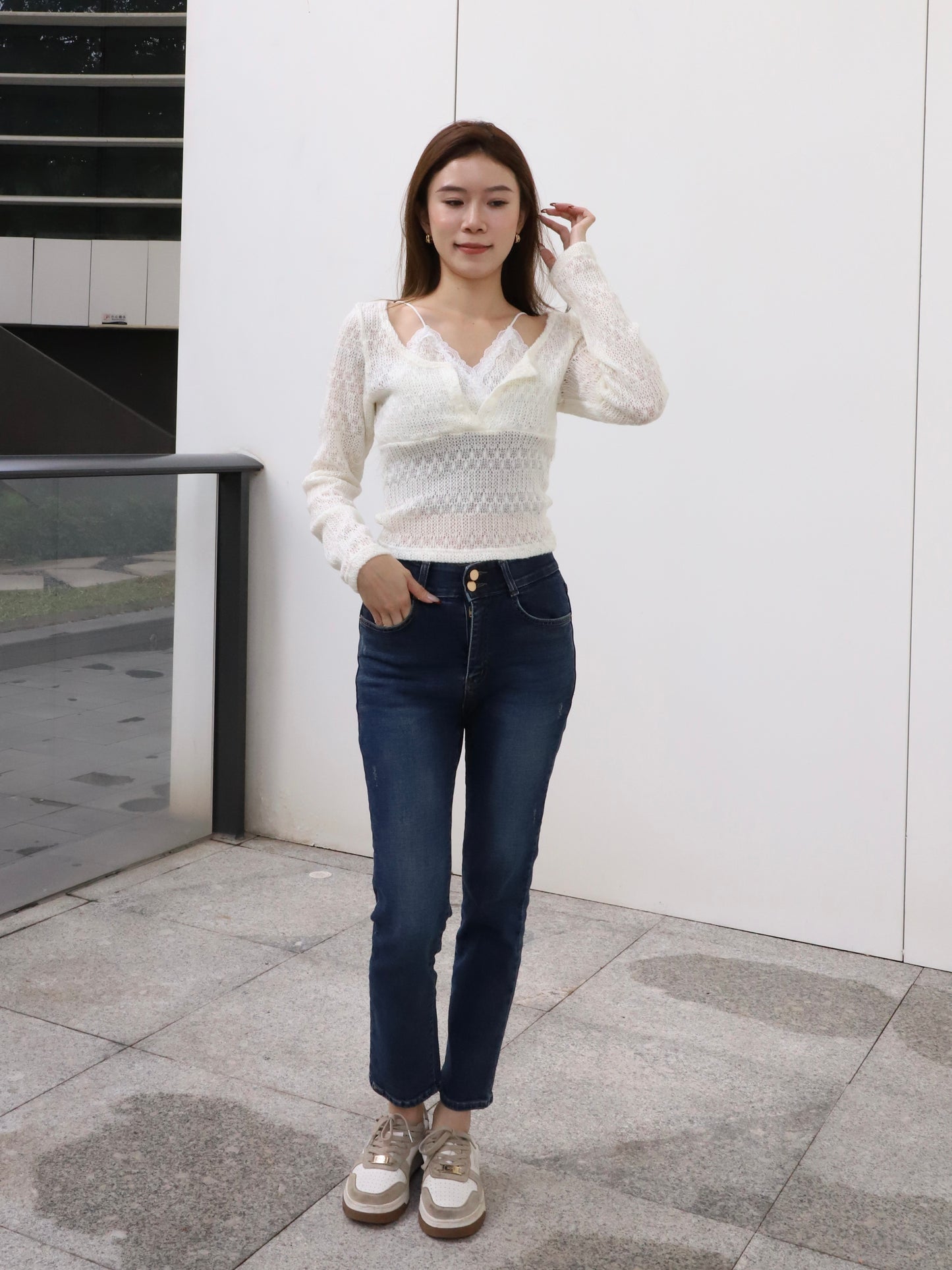 Double Lace Cross Long Sleeves Top