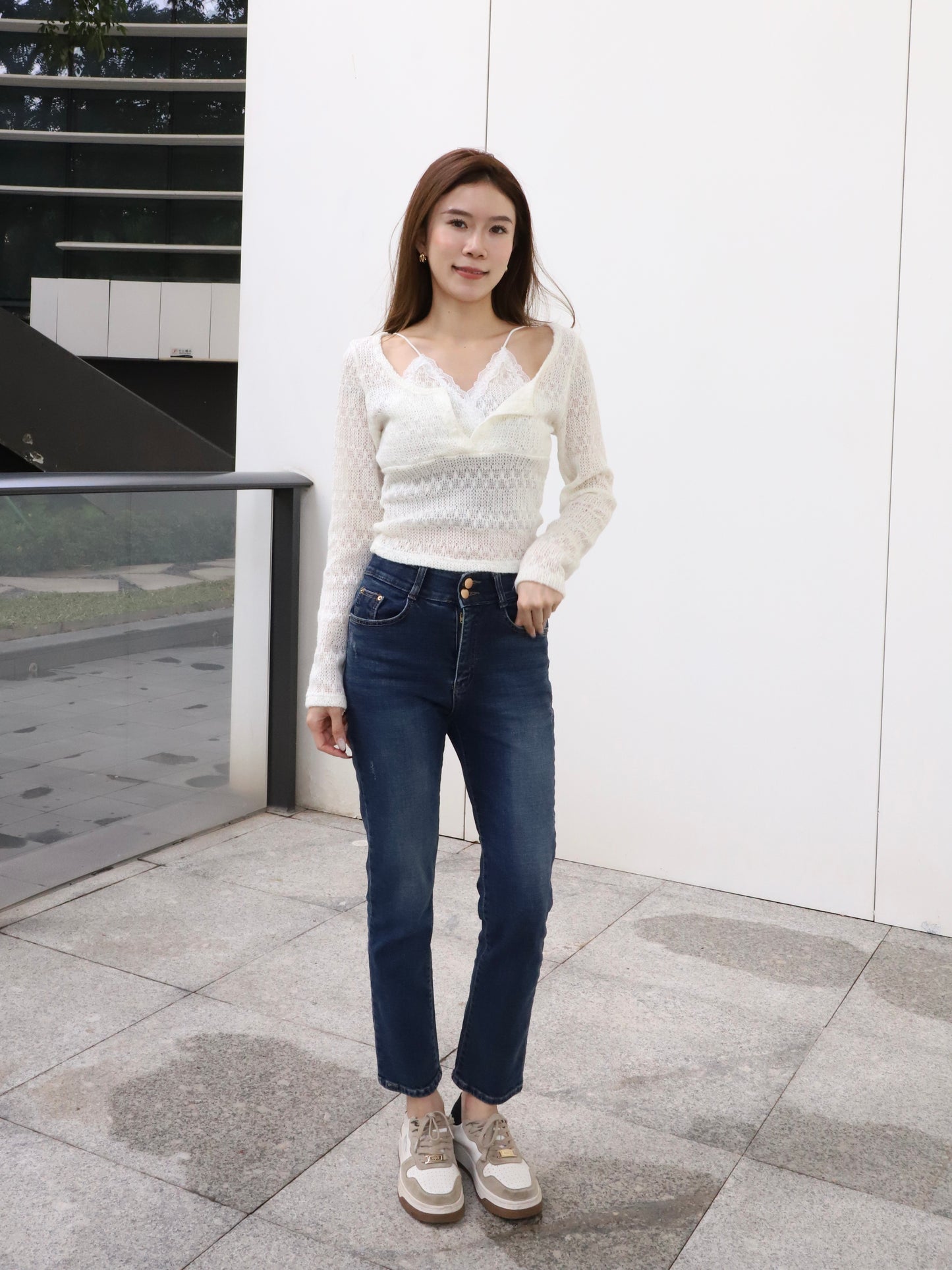 Double Lace Cross Long Sleeves Top