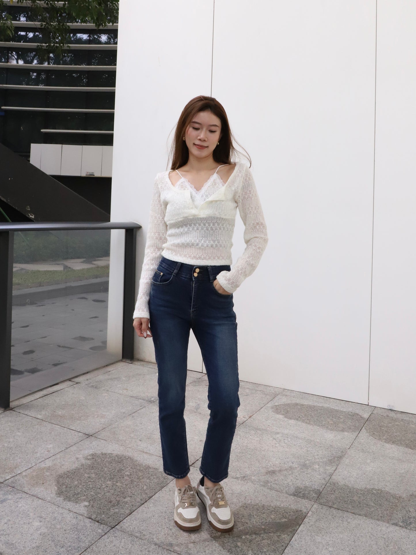 Double Lace Cross Long Sleeves Top