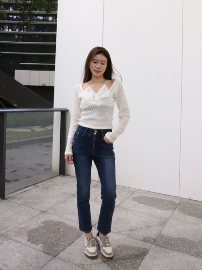 Double Lace Cross Long Sleeves Top