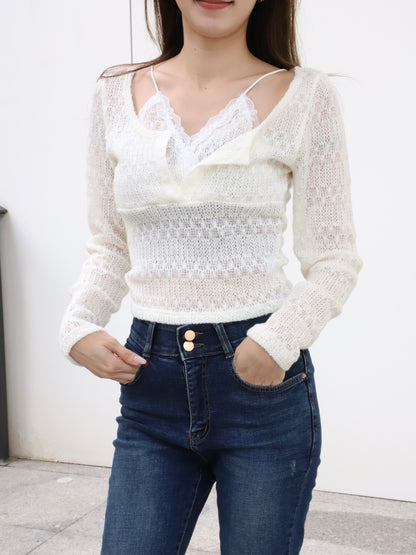 Double Lace Cross Long Sleeves Top