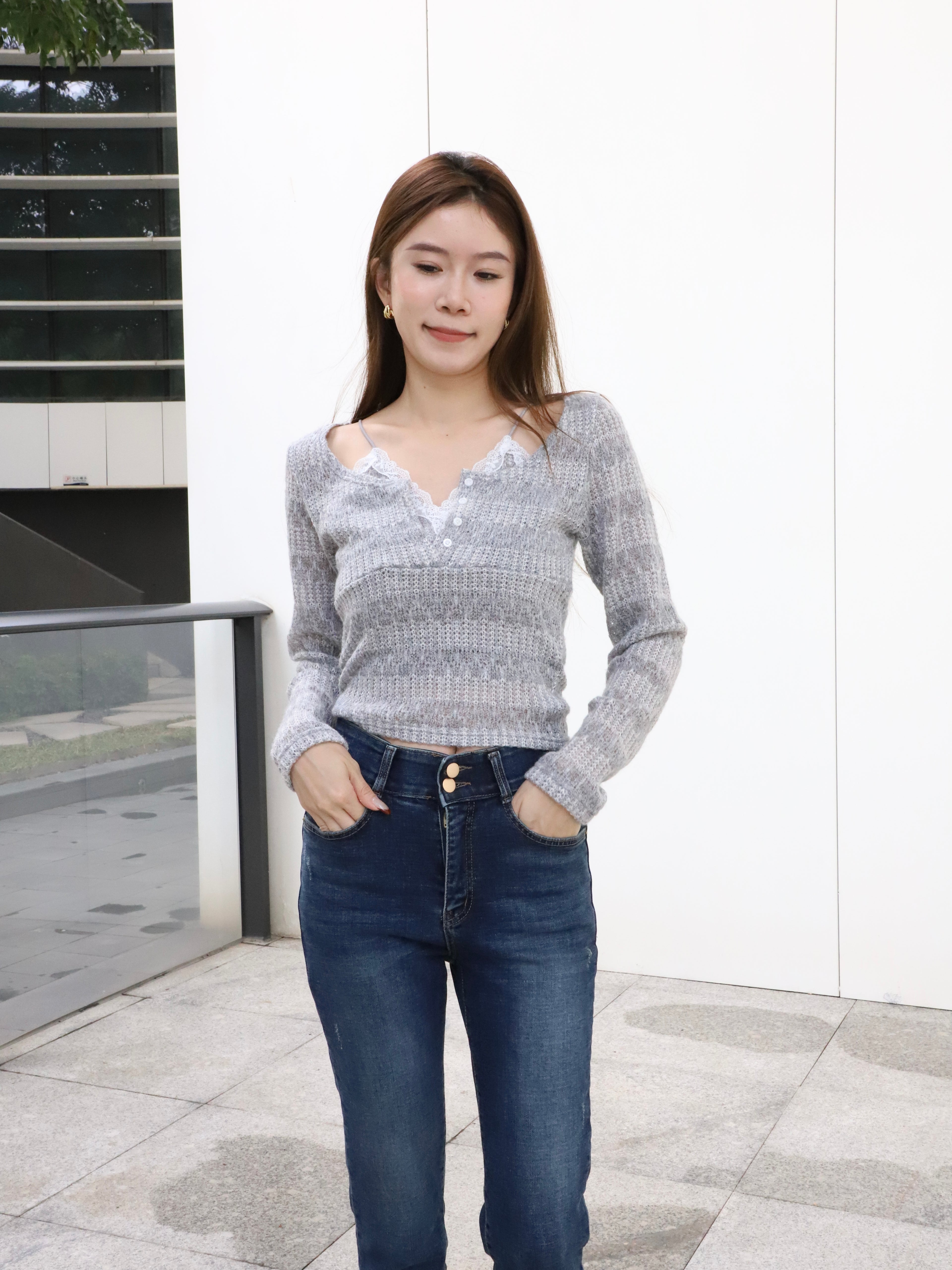 Double Lace Cross Long Sleeves Top