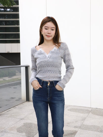 Double Lace Cross Long Sleeves Top