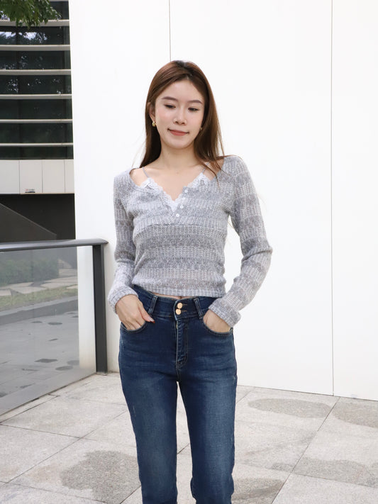 Double Lace Cross Long Sleeves Top