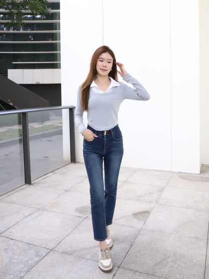 Collar Mix Shirt Cotton Long Sleeves Top