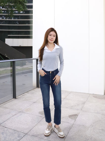 Collar Mix Shirt Cotton Long Sleeves Top