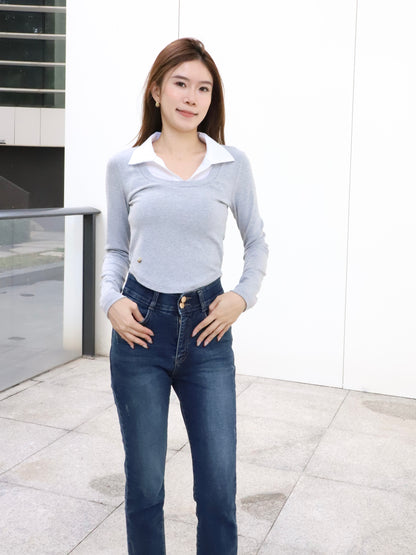 Collar Mix Shirt Cotton Long Sleeves Top