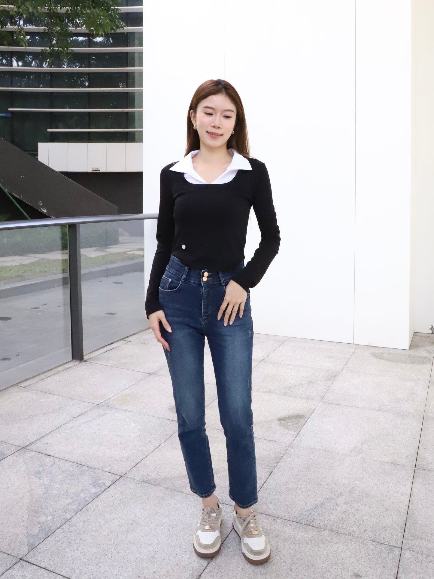 Collar Mix Shirt Cotton Long Sleeves Top