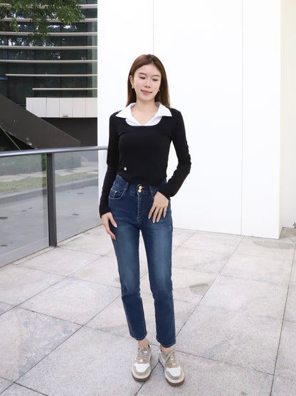 Collar Mix Shirt Cotton Long Sleeves Top