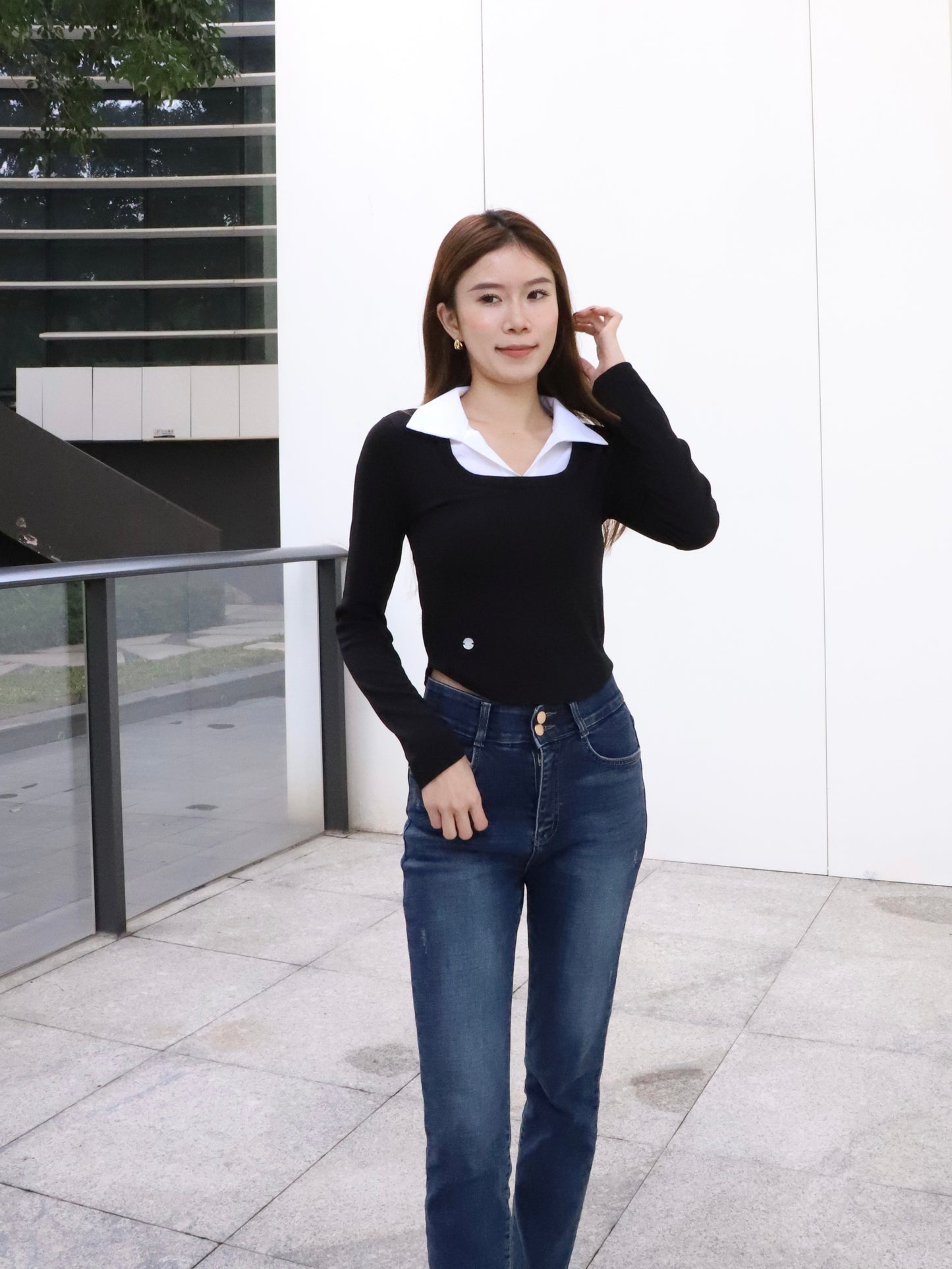 Collar Mix Shirt Cotton Long Sleeves Top