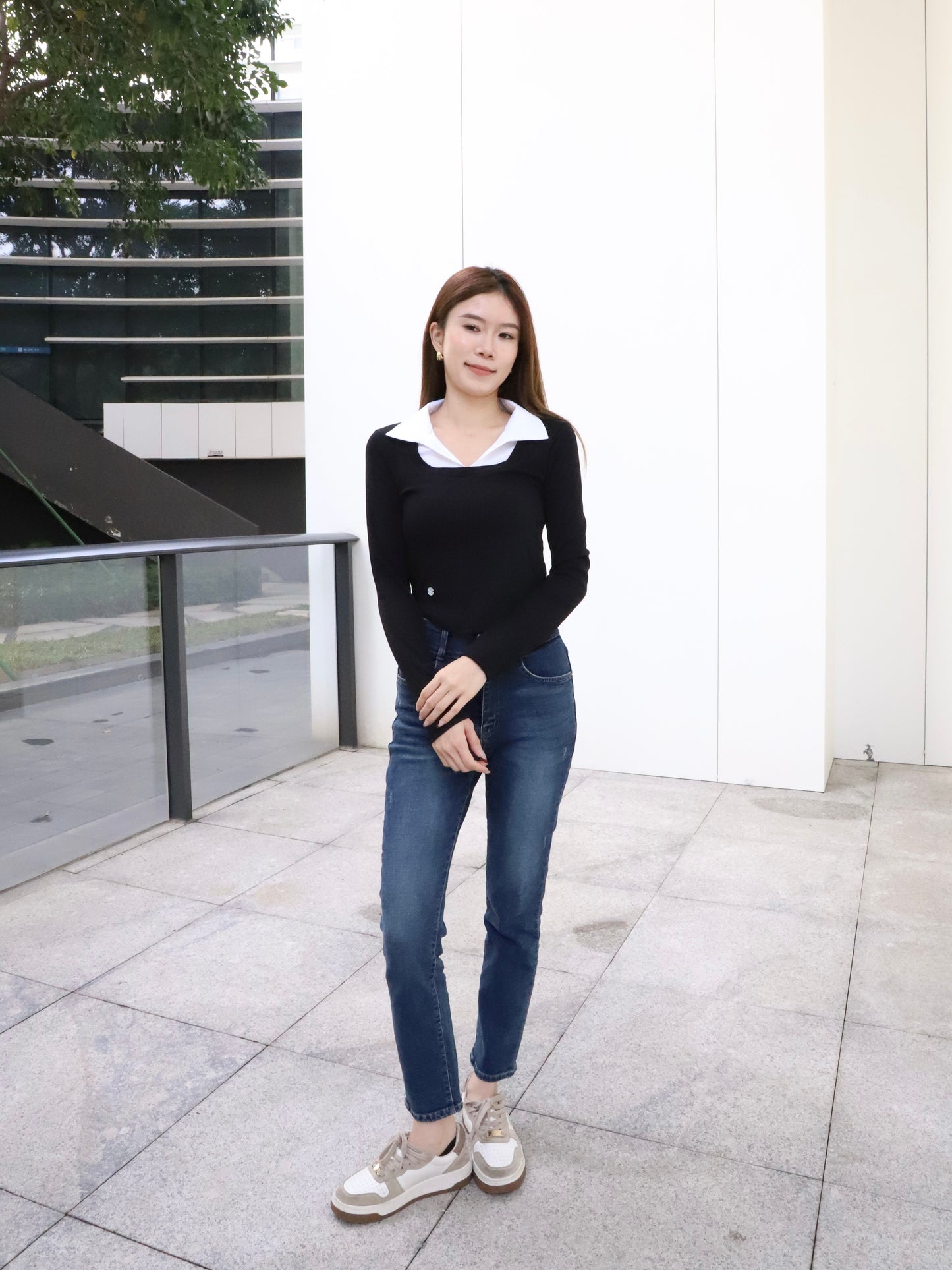 Collar Mix Shirt Cotton Long Sleeves Top