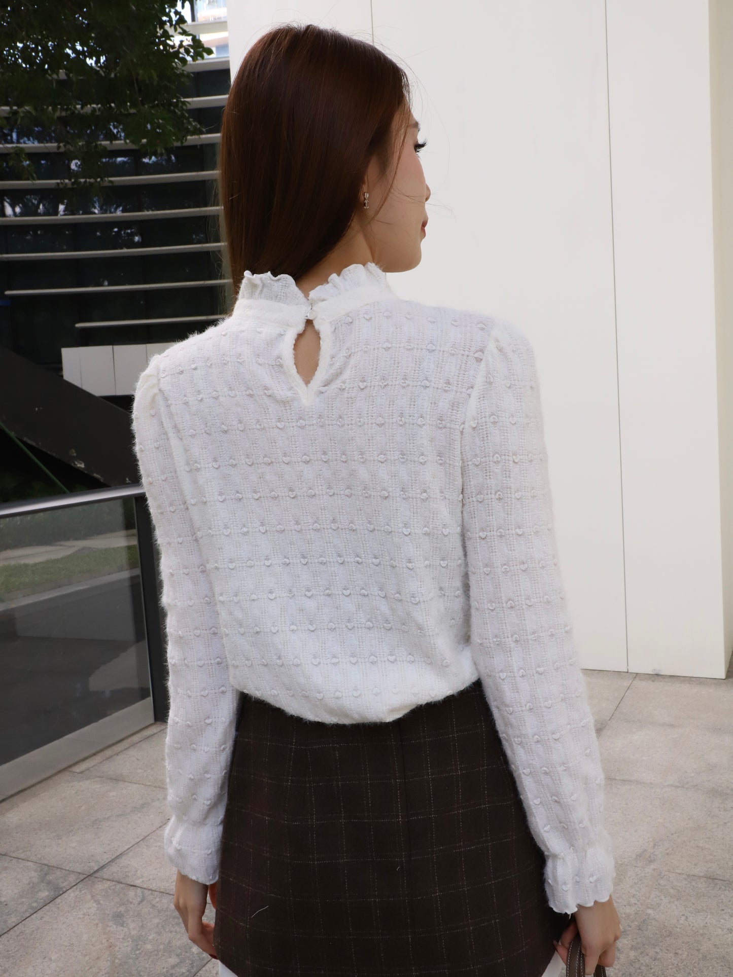 Ruffles Neck Dotted Long Sleeves Top