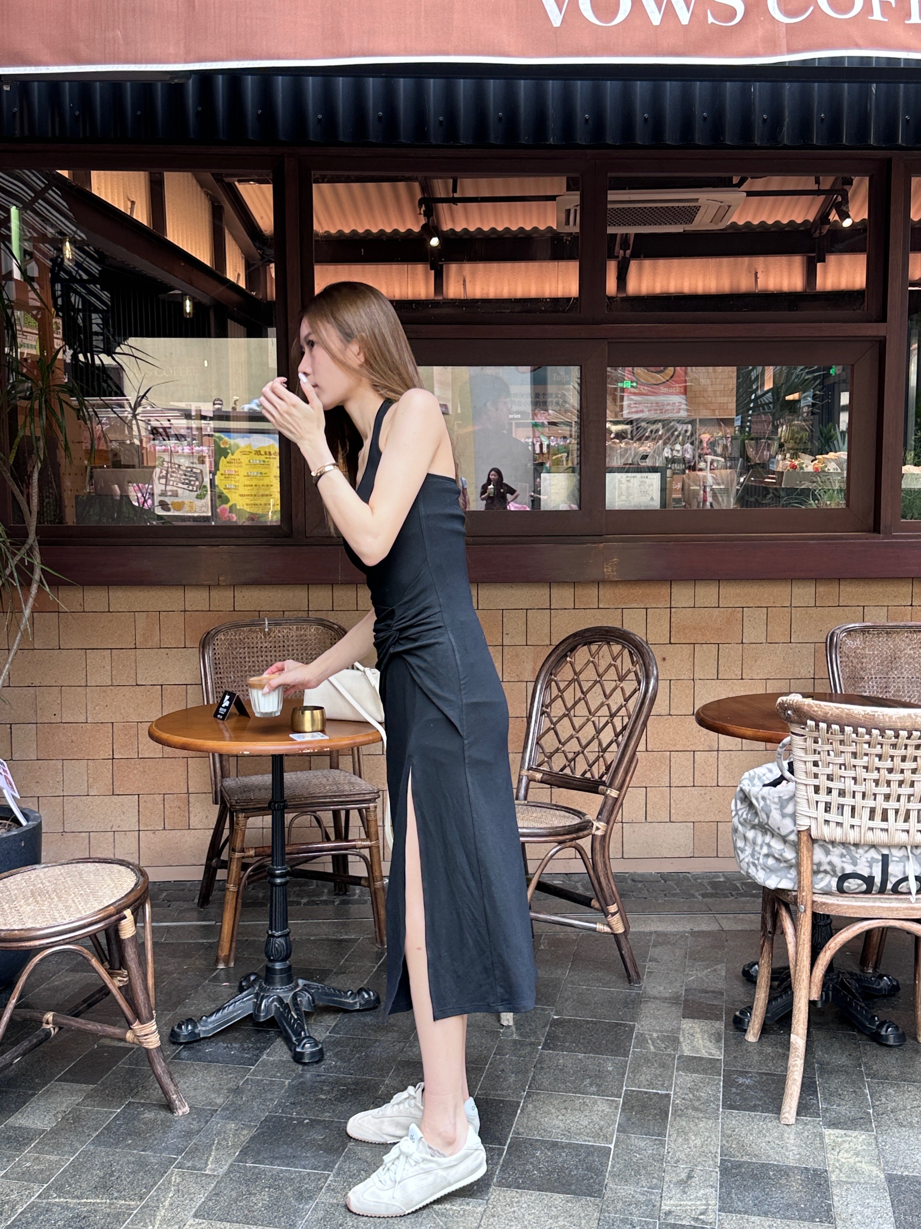 ashchic made Tied Neck Slit Maxi Dress with pads