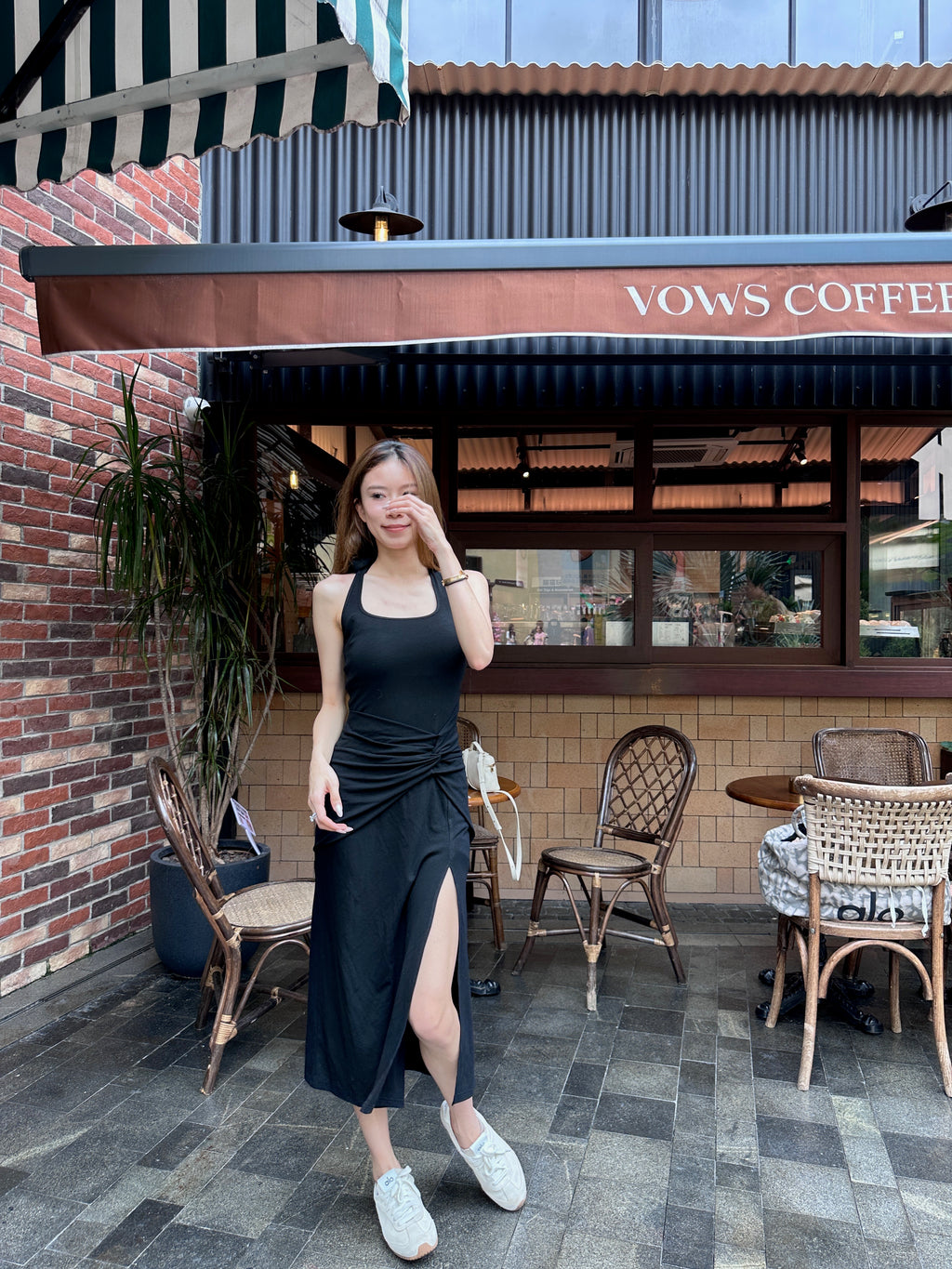 ashchic made Tied Neck Slit Maxi Dress with pads