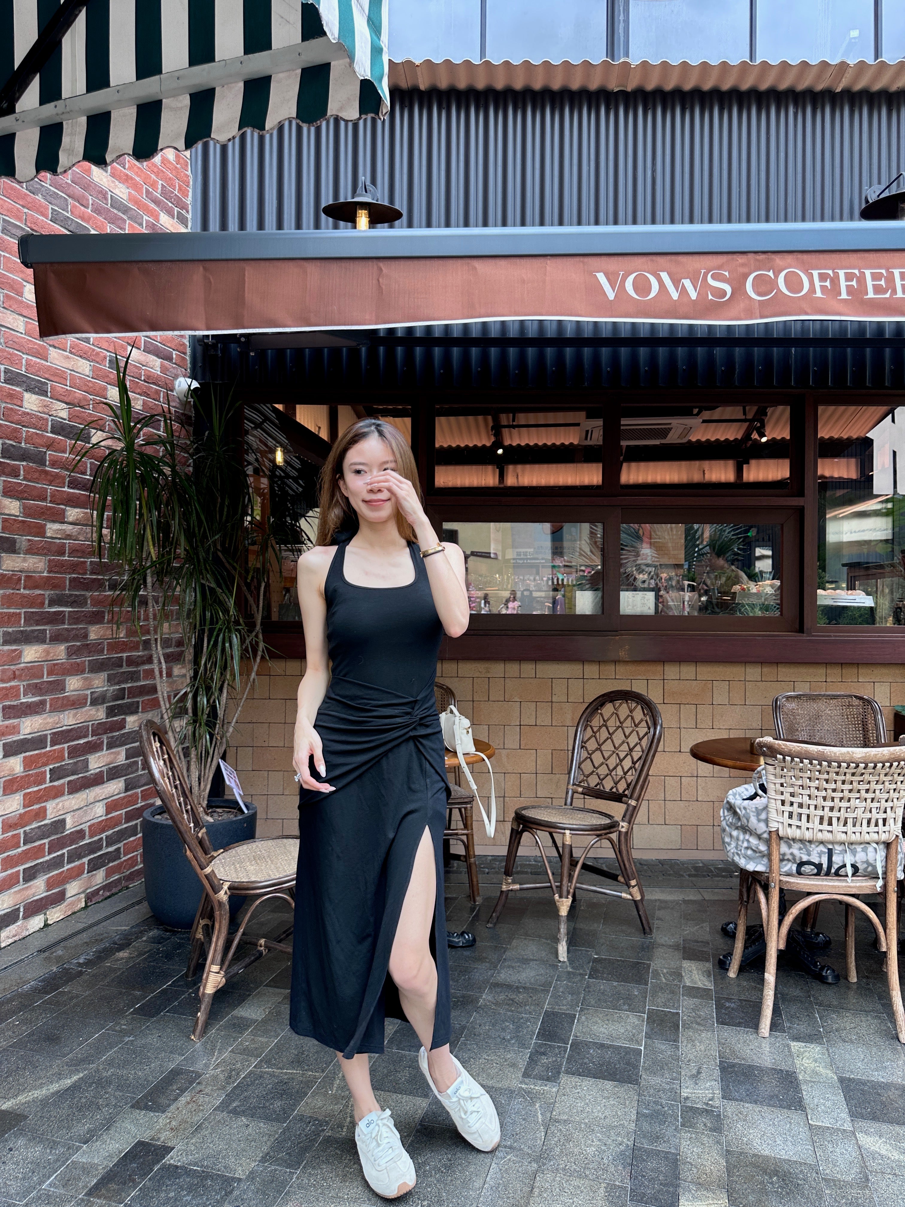 ashchic made Tied Neck Slit Maxi Dress with pads