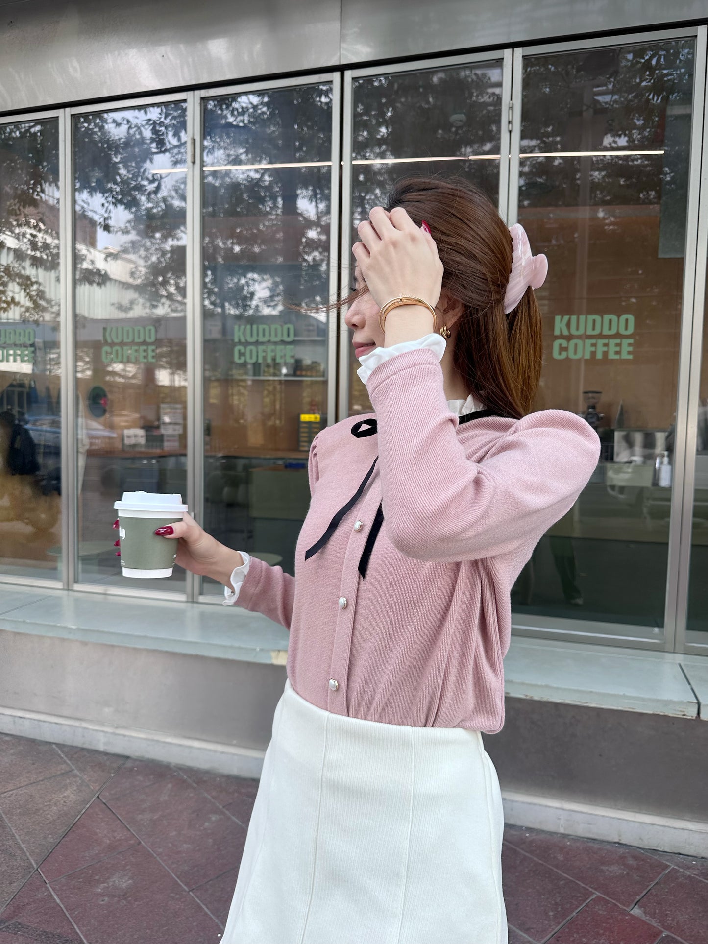 Ribbon Tied Lace Long Sleeves Top