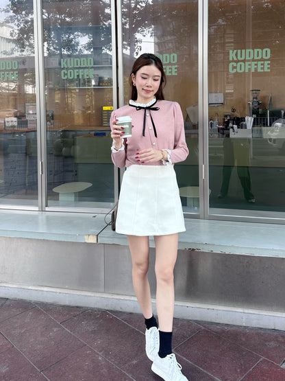 Ribbon Tied Lace Long Sleeves Top