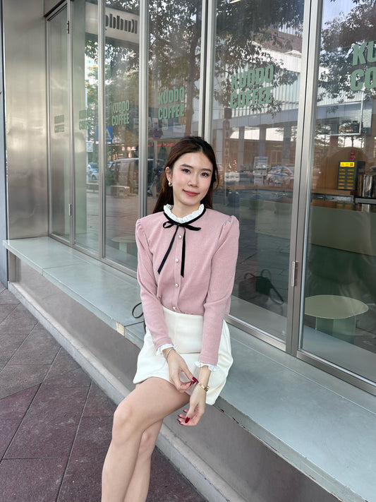 Ribbon Tied Lace Long Sleeves Top