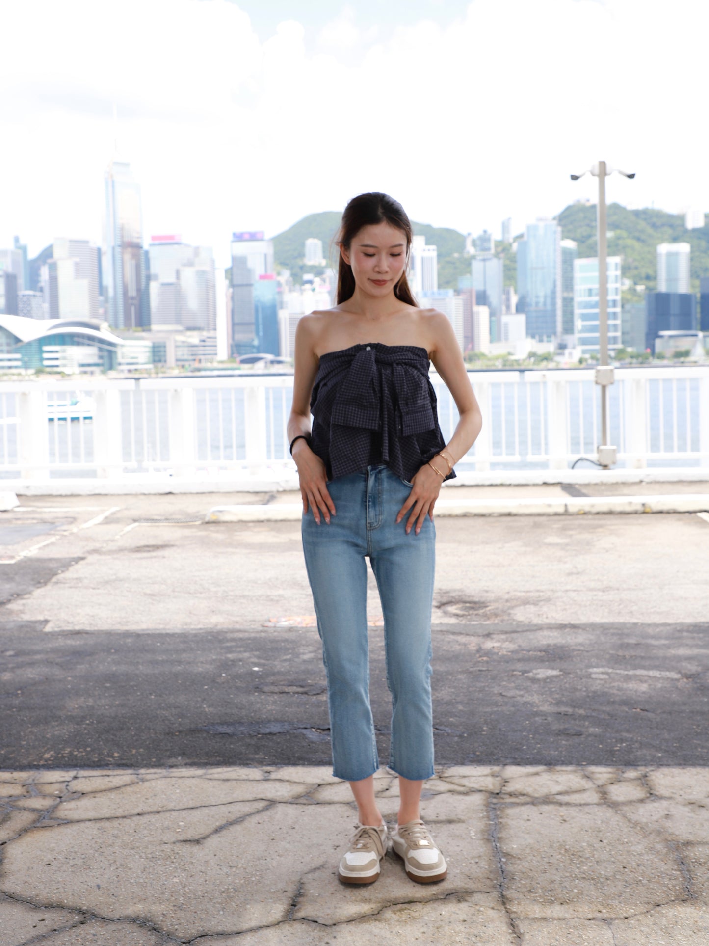 Checked Shirt Off Shoulder Top