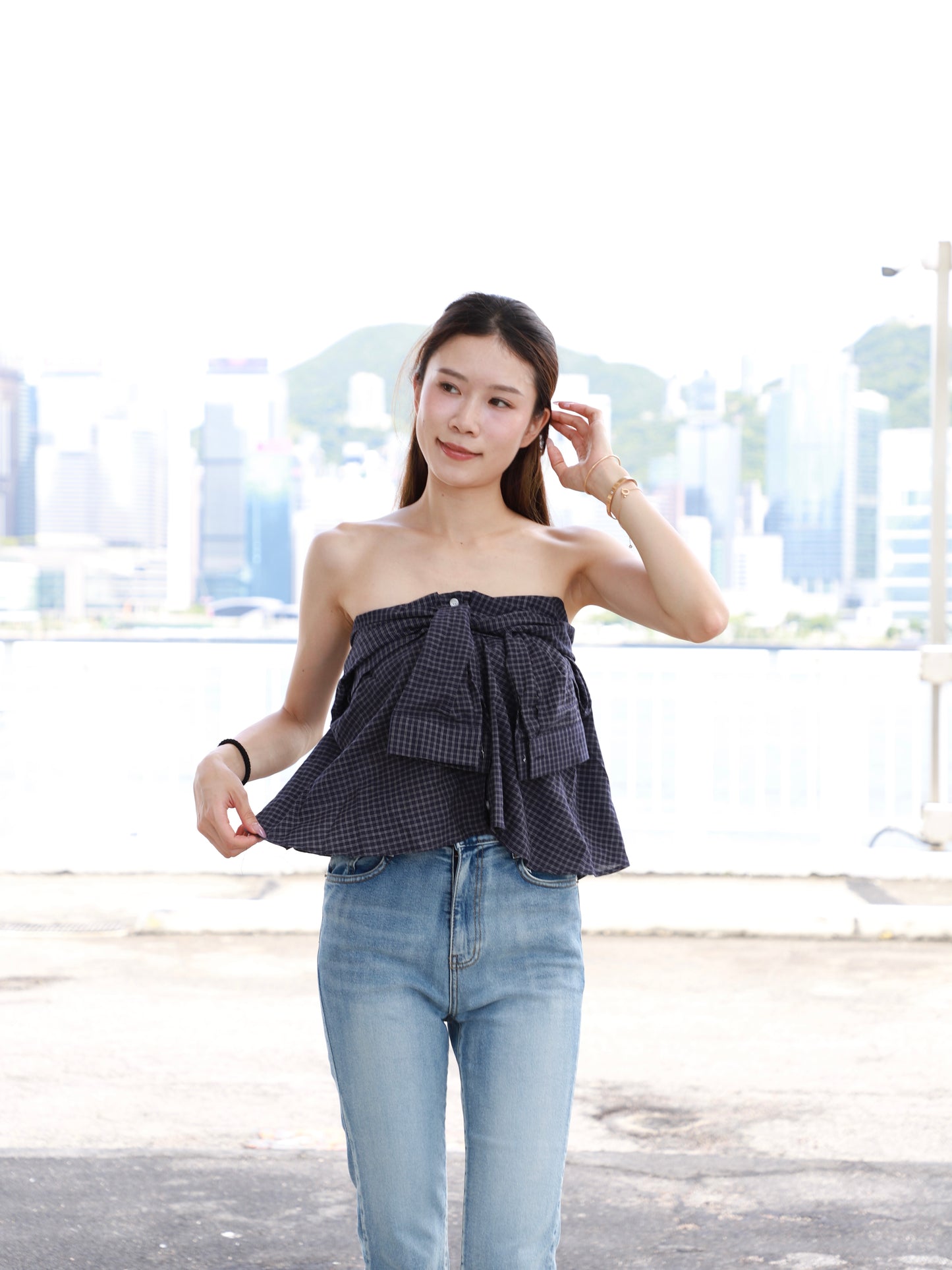 Checked Shirt Off Shoulder Top