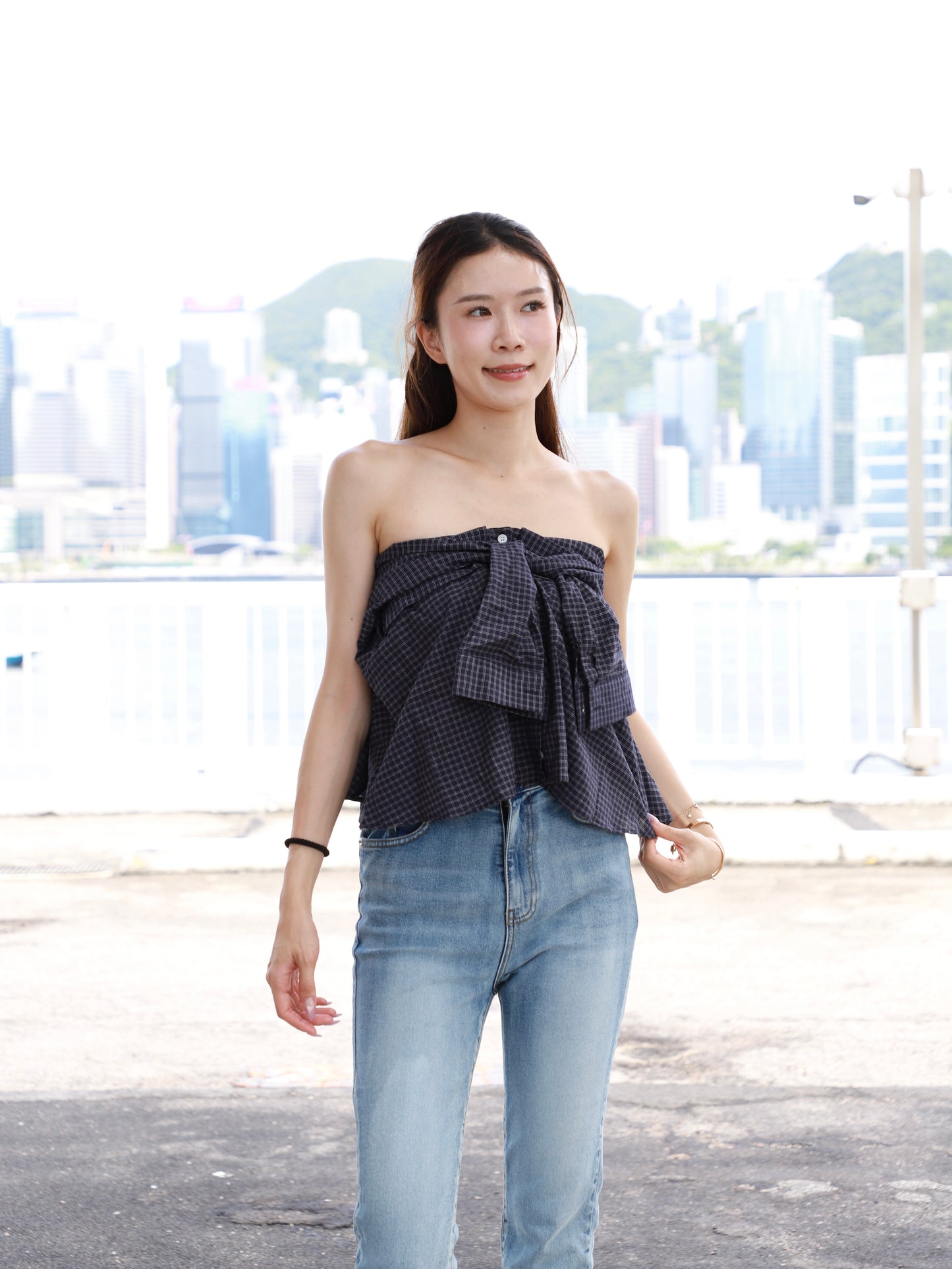 Checked Shirt Off Shoulder Top