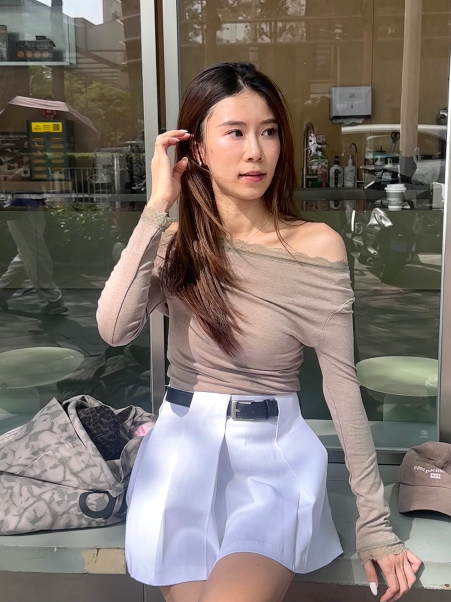 Lace Shoulder Long Sleeves Top