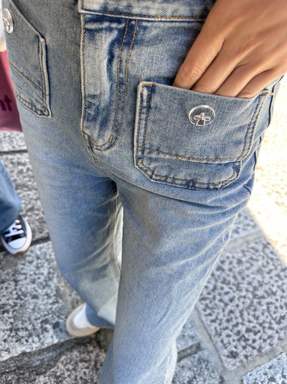 Ribbon Button Flare Denim Jeans