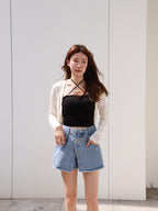 Over Flip Buttons Denim Shorts