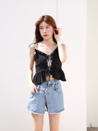 Over Flip Buttons Denim Shorts