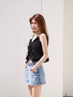 Over Flip Buttons Denim Shorts