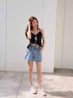 Over Flip Buttons Denim Shorts