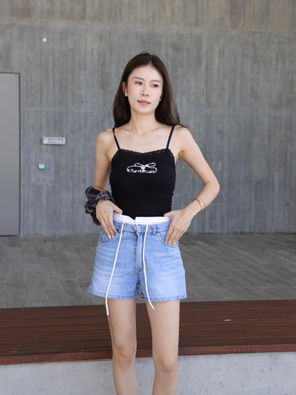 Lace Ribbon Black Tank Top with pads