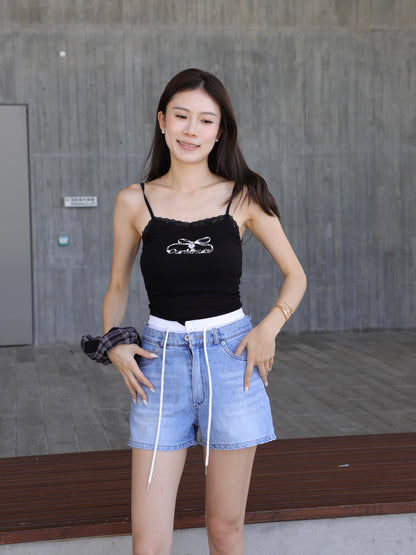 White Layered Denim Shorts