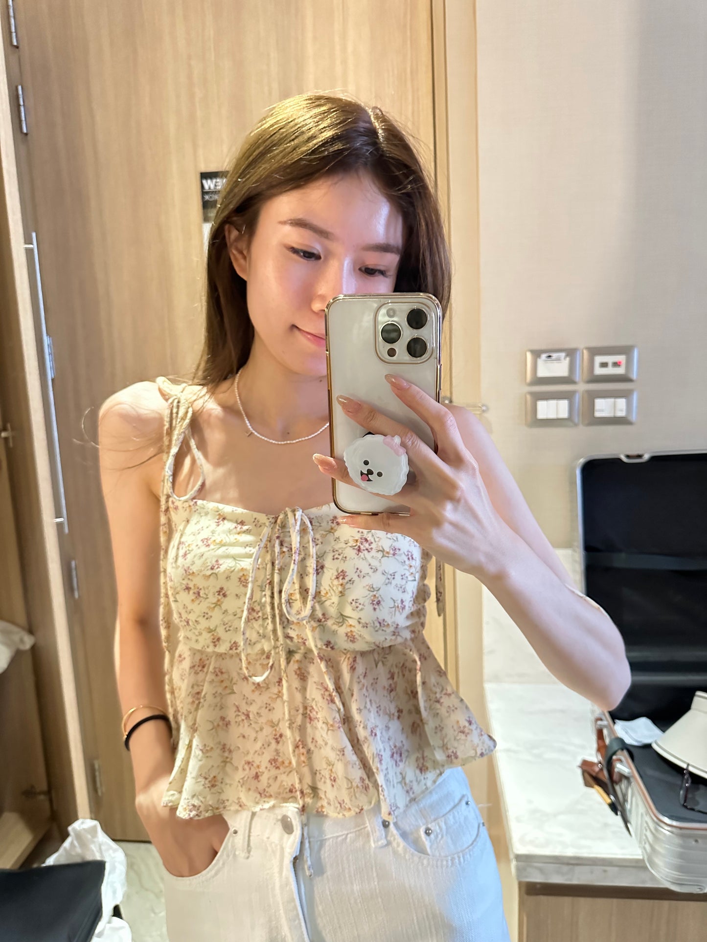 <TH> Rosy Yellow Tied Shoulder Floral Tank Top