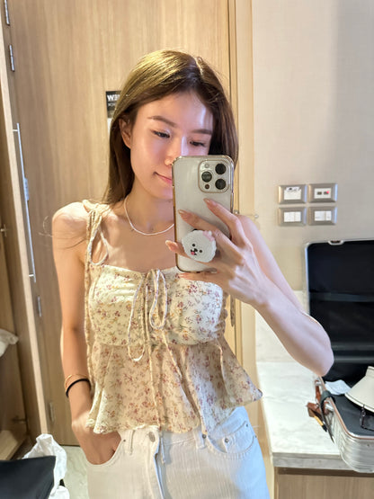 <TH> Rosy Yellow Tied Shoulder Floral Tank Top