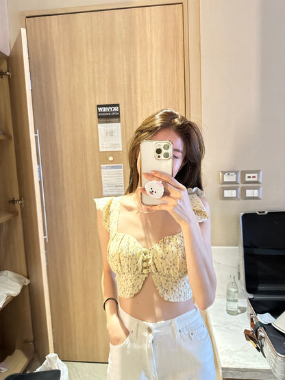 <TH> Yellow Cropped Floral Tank Top