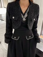 Fluffy Sleeves Cropped Tweed Jacket