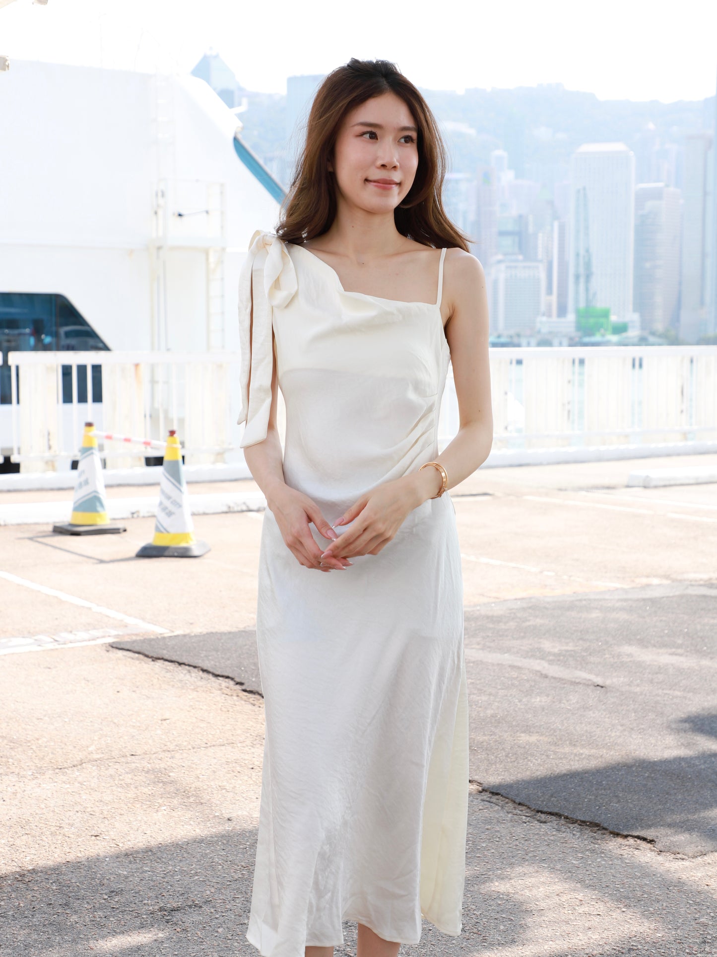 One Side Ribbon Silk Maxi Dress