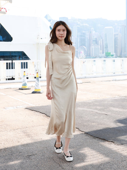 One Side Ribbon Silk Maxi Dress