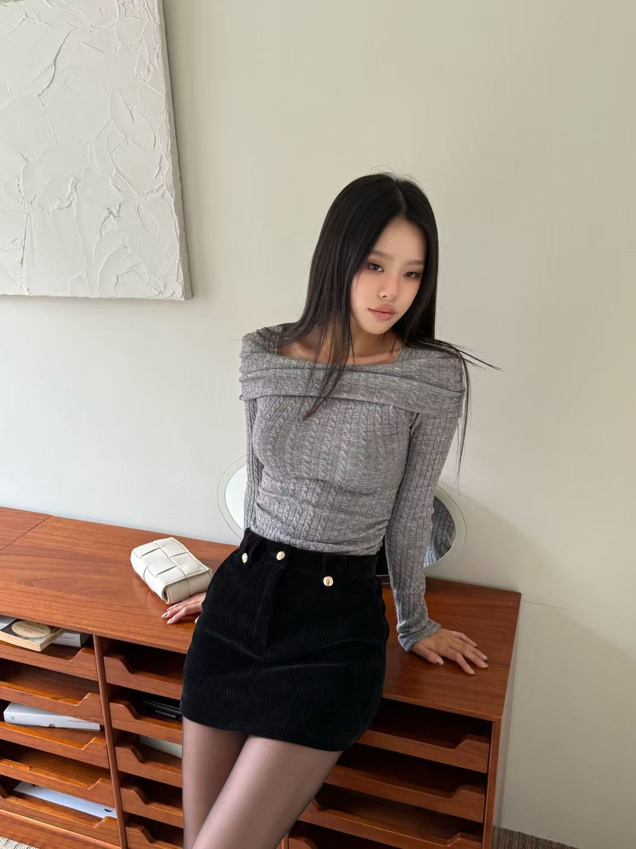 Gold Button Velvet Skirt