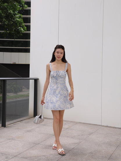 Flowery Print Blue Mini Dress