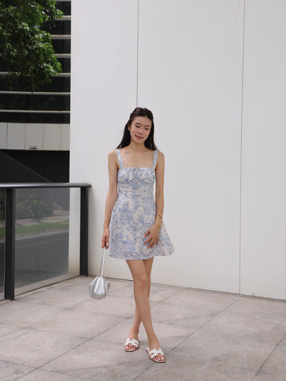 Flowery Print Blue Mini Dress