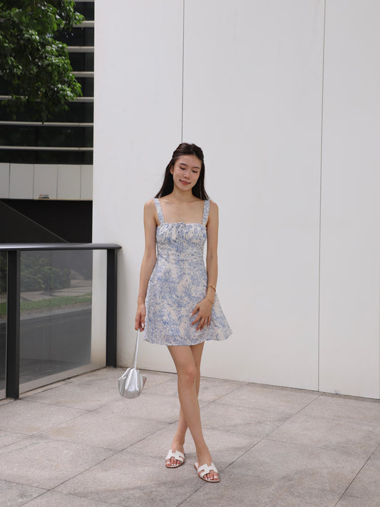 Flowery Print Blue Mini Dress
