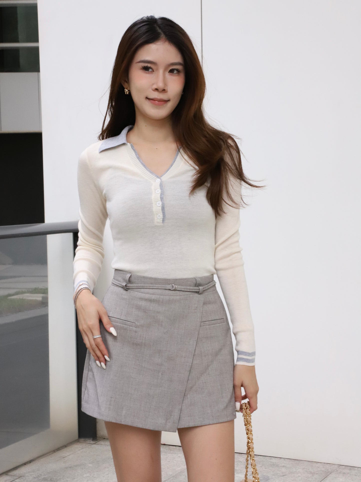 Collar Mix Knitted Long Sleeves Top