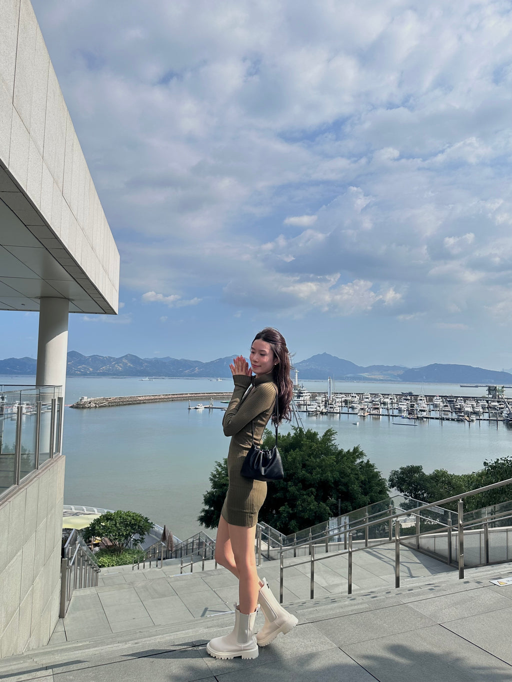 V Collar Neck Long Sleeves Mini Dress