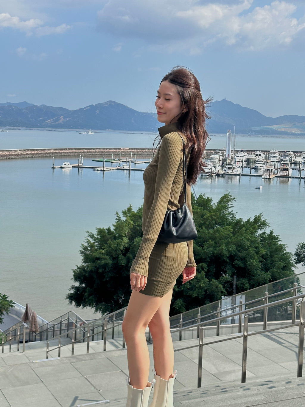 V Collar Neck Long Sleeves Mini Dress